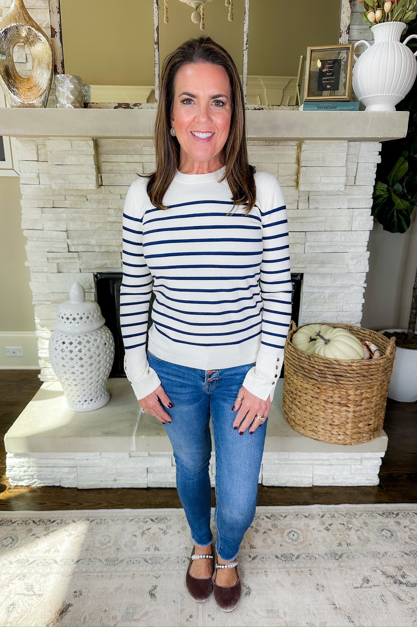 Navy Striped Gold Ball Button Sleeve Cream Sweater