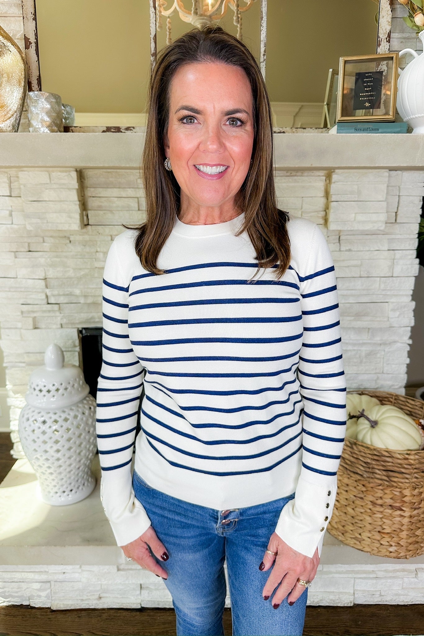 Navy Striped Gold Ball Button Sleeve Cream Sweater