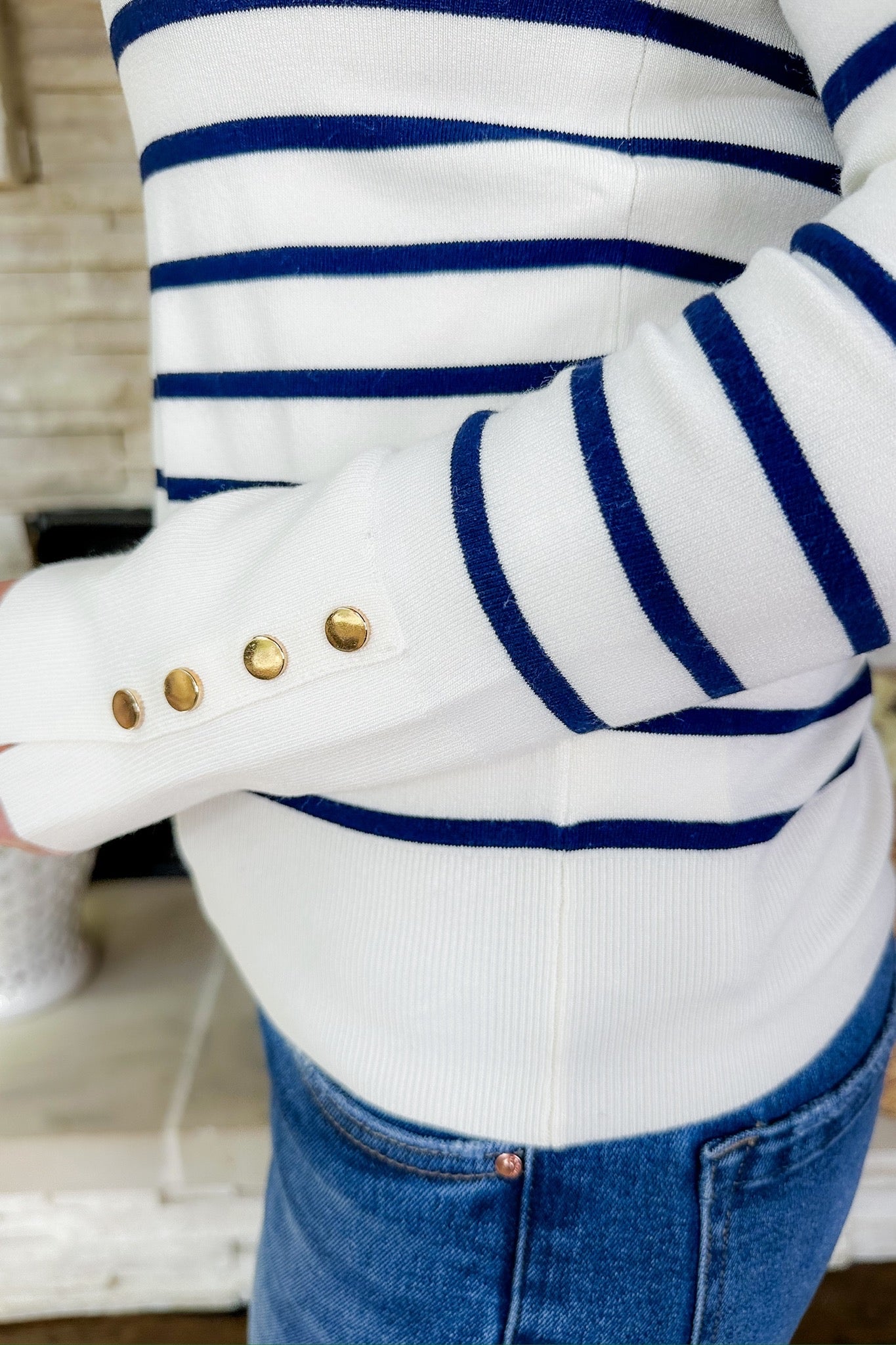 Navy Striped Gold Ball Button Sleeve Cream Sweater