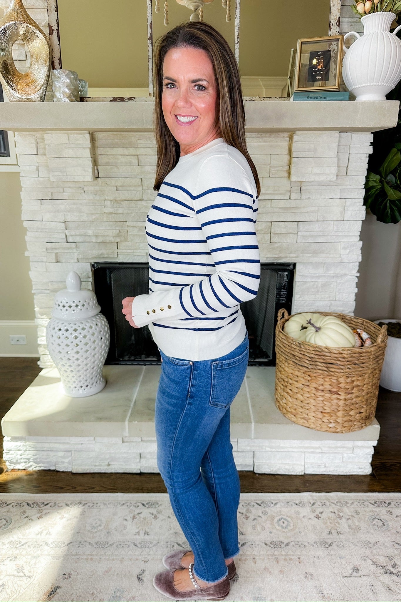 Navy Striped Gold Ball Button Sleeve Cream Sweater