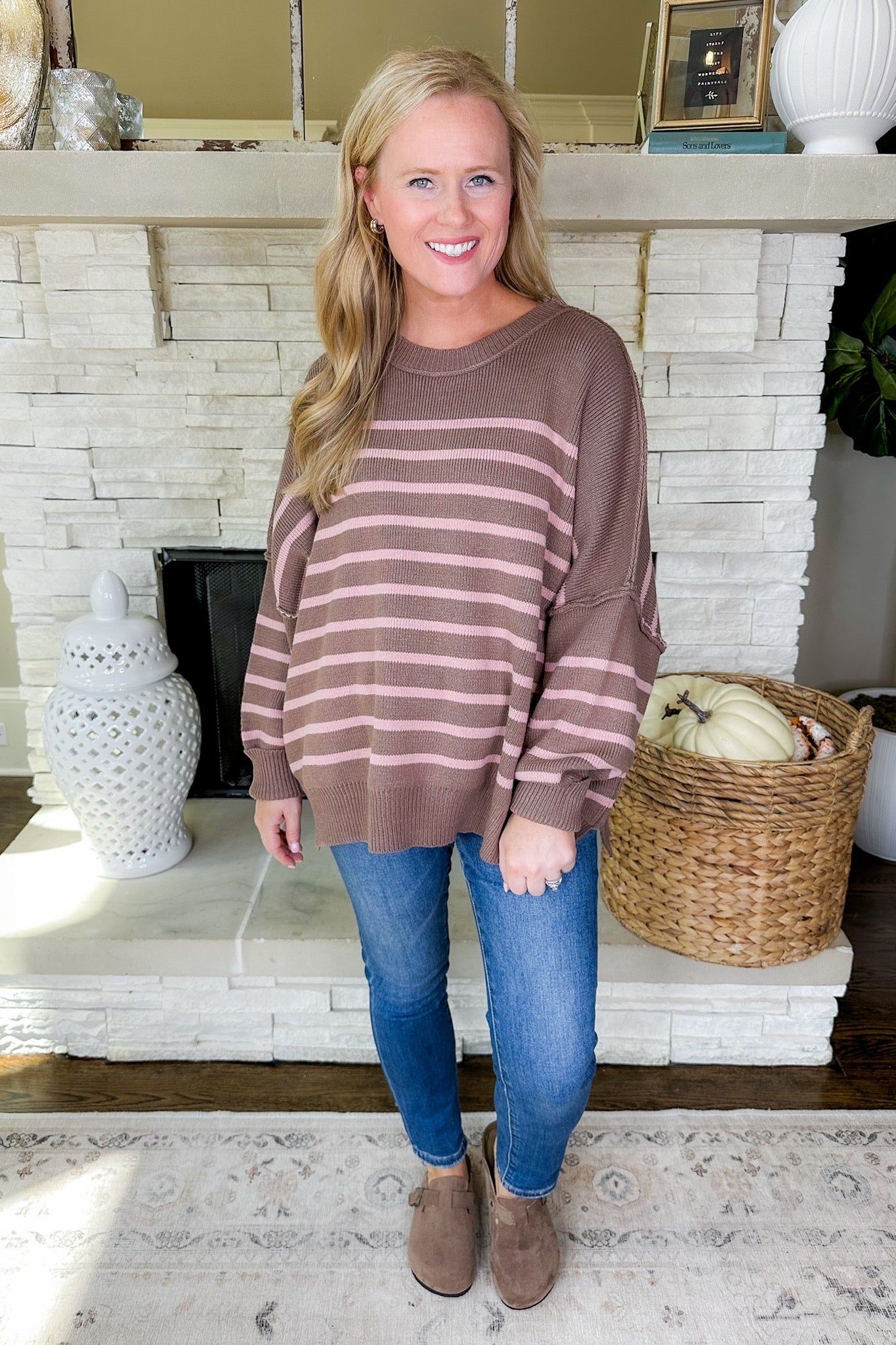 Oversized Exposed Seam Striped Sweater in Mocha