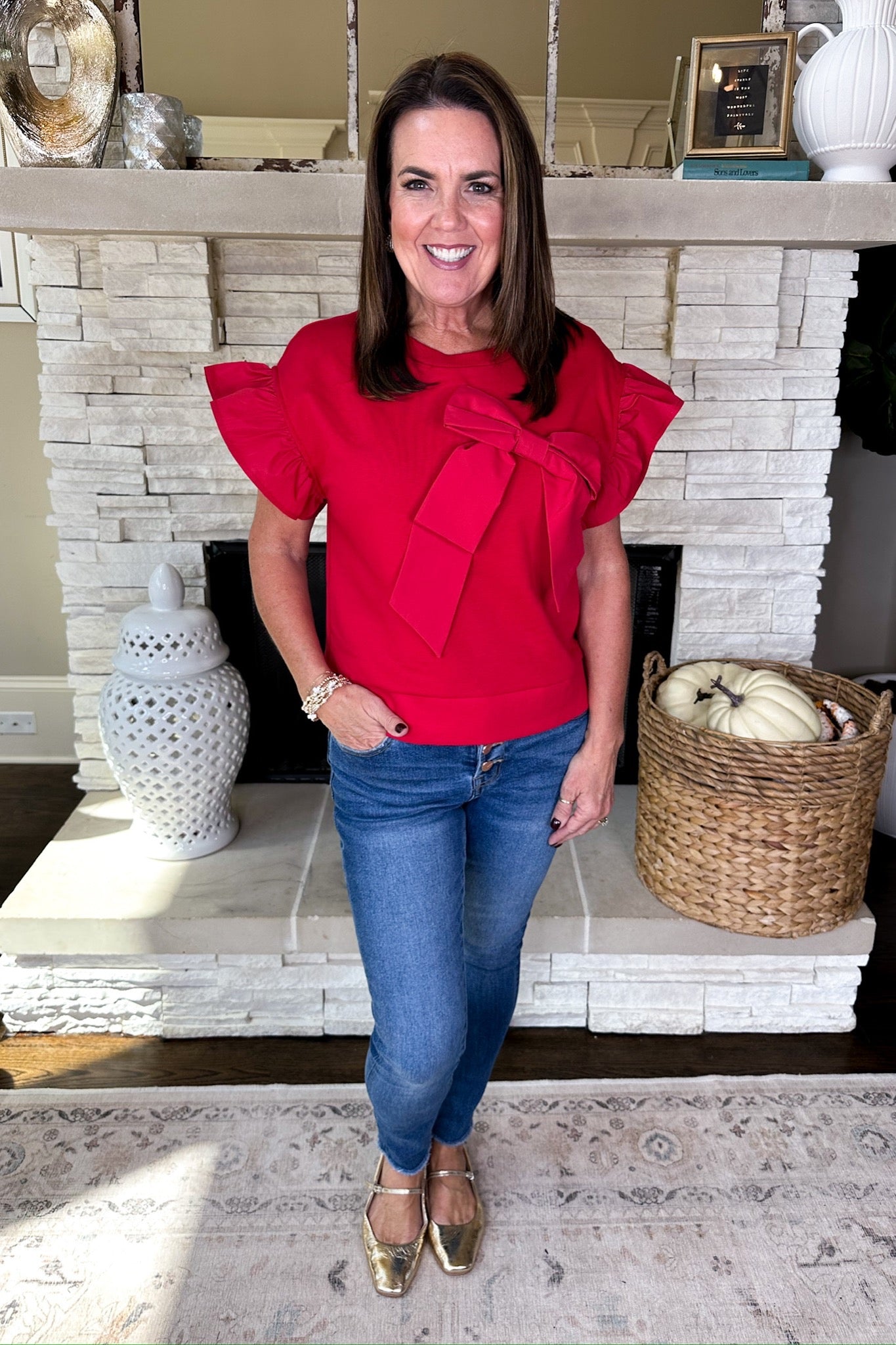 Sophisticated Poplin Bow Ruffle Sleeve Top in Red