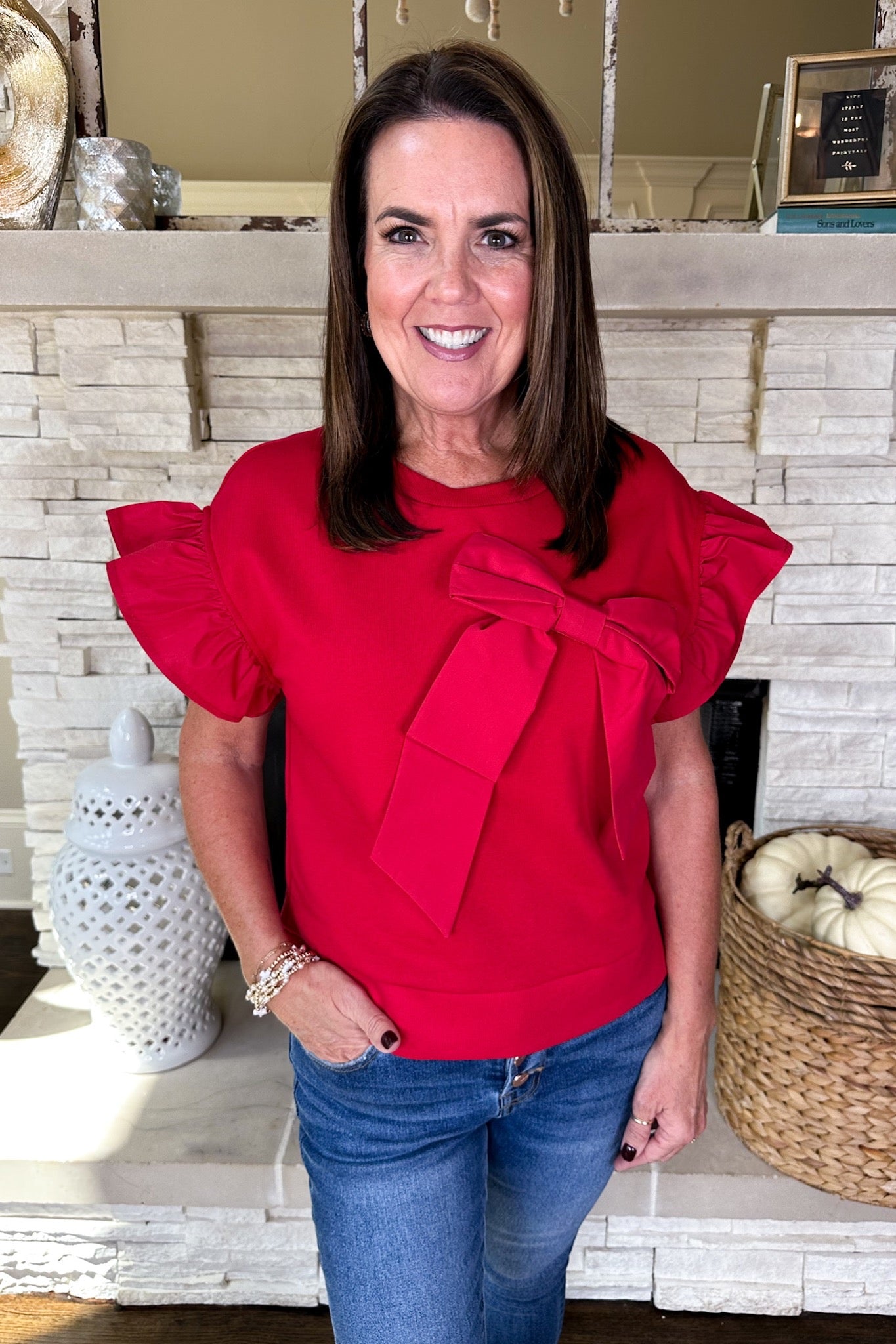 Sophisticated Poplin Bow Ruffle Sleeve Top in Red