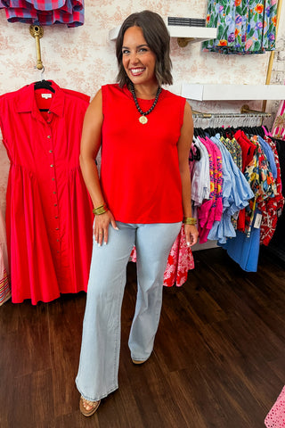 Keep It Simple Ruffle Trim Top in Red