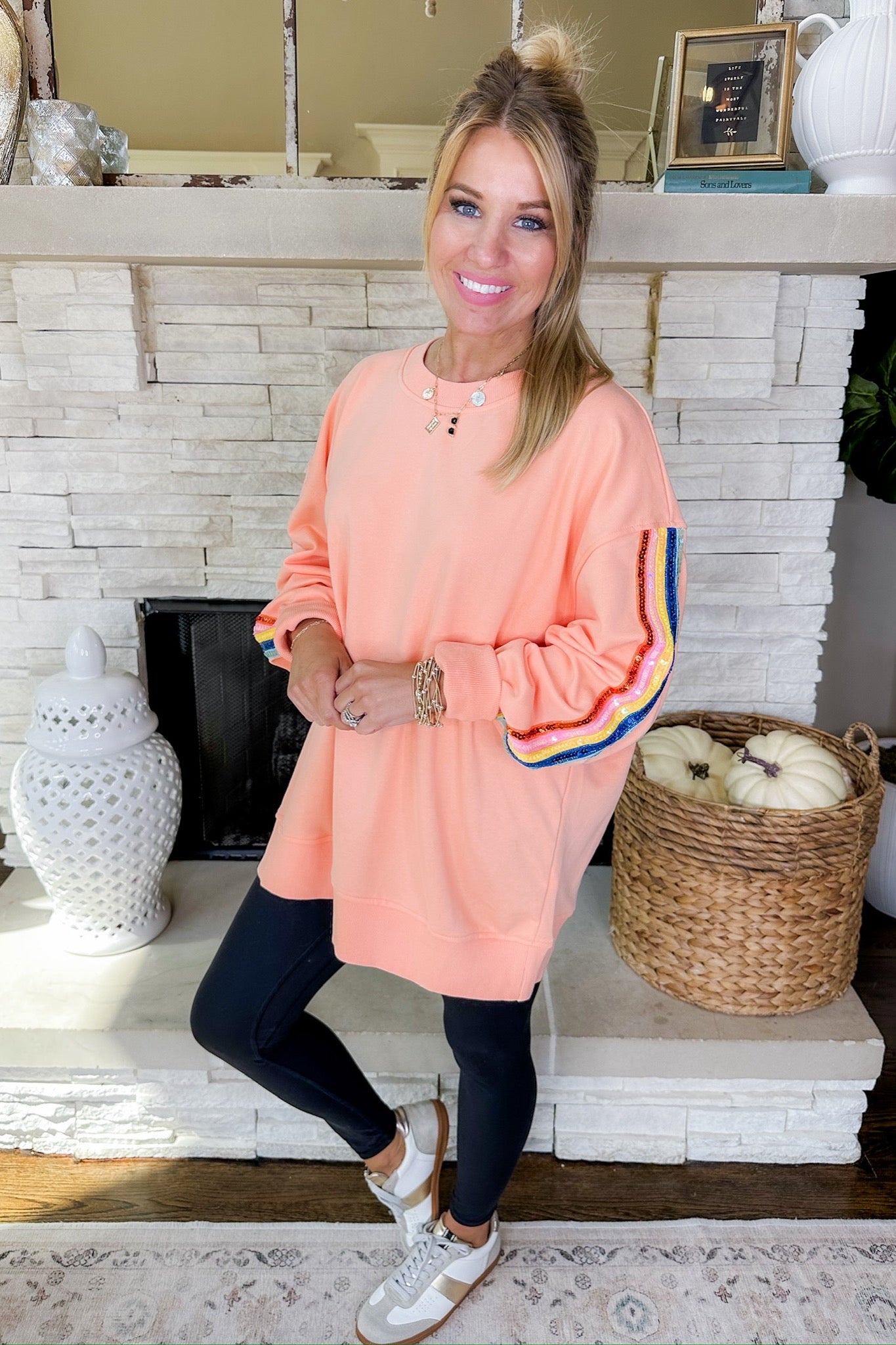 Oversized Sequin Rainbow Striped Sleeve Coral Sweatshirt