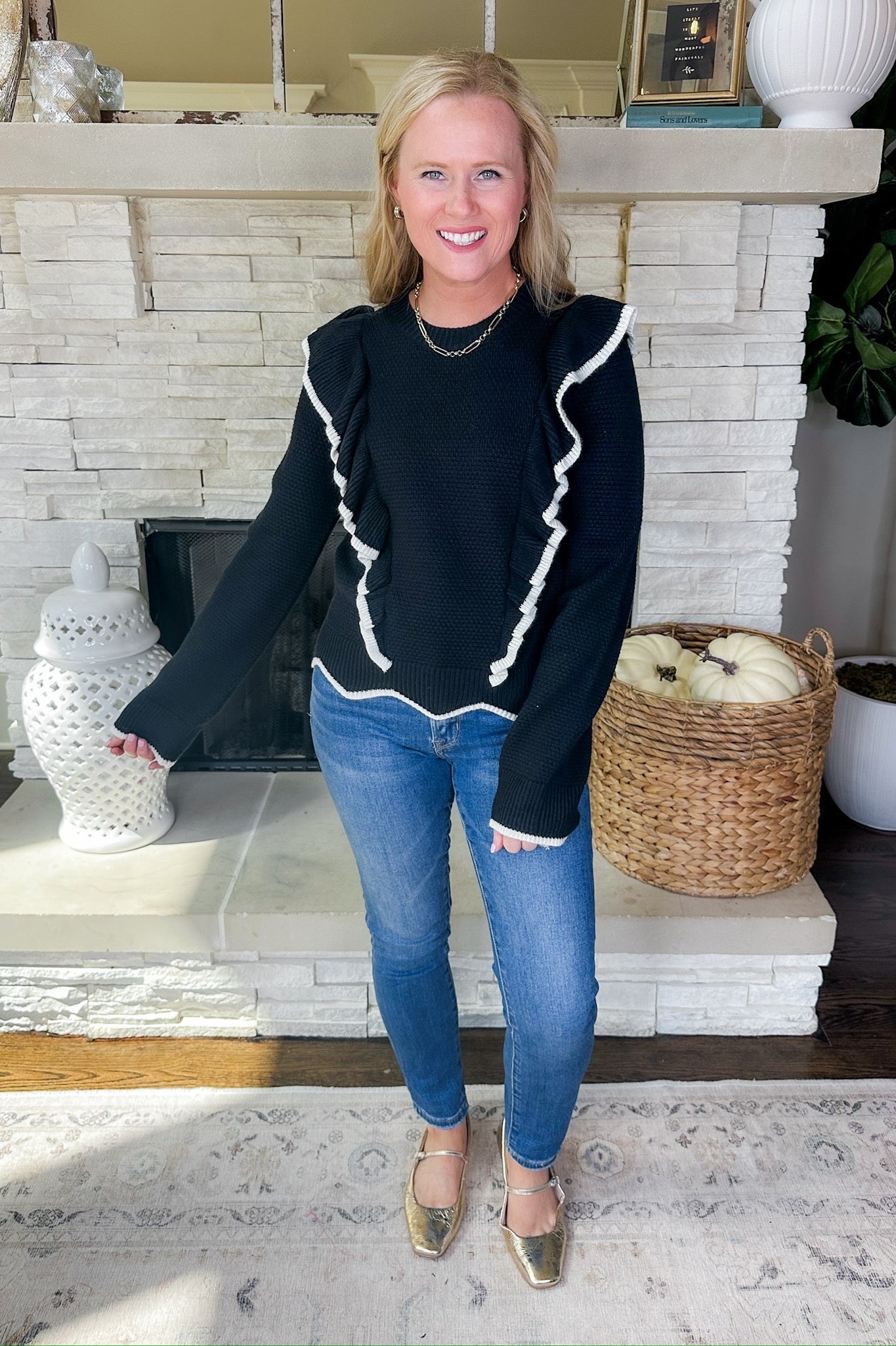 Textured White Trim Ruffle Sweater in Black