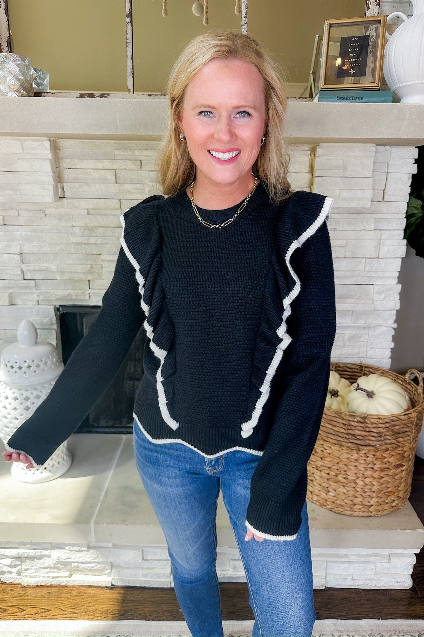 Textured White Trim Ruffle Sweater in Black