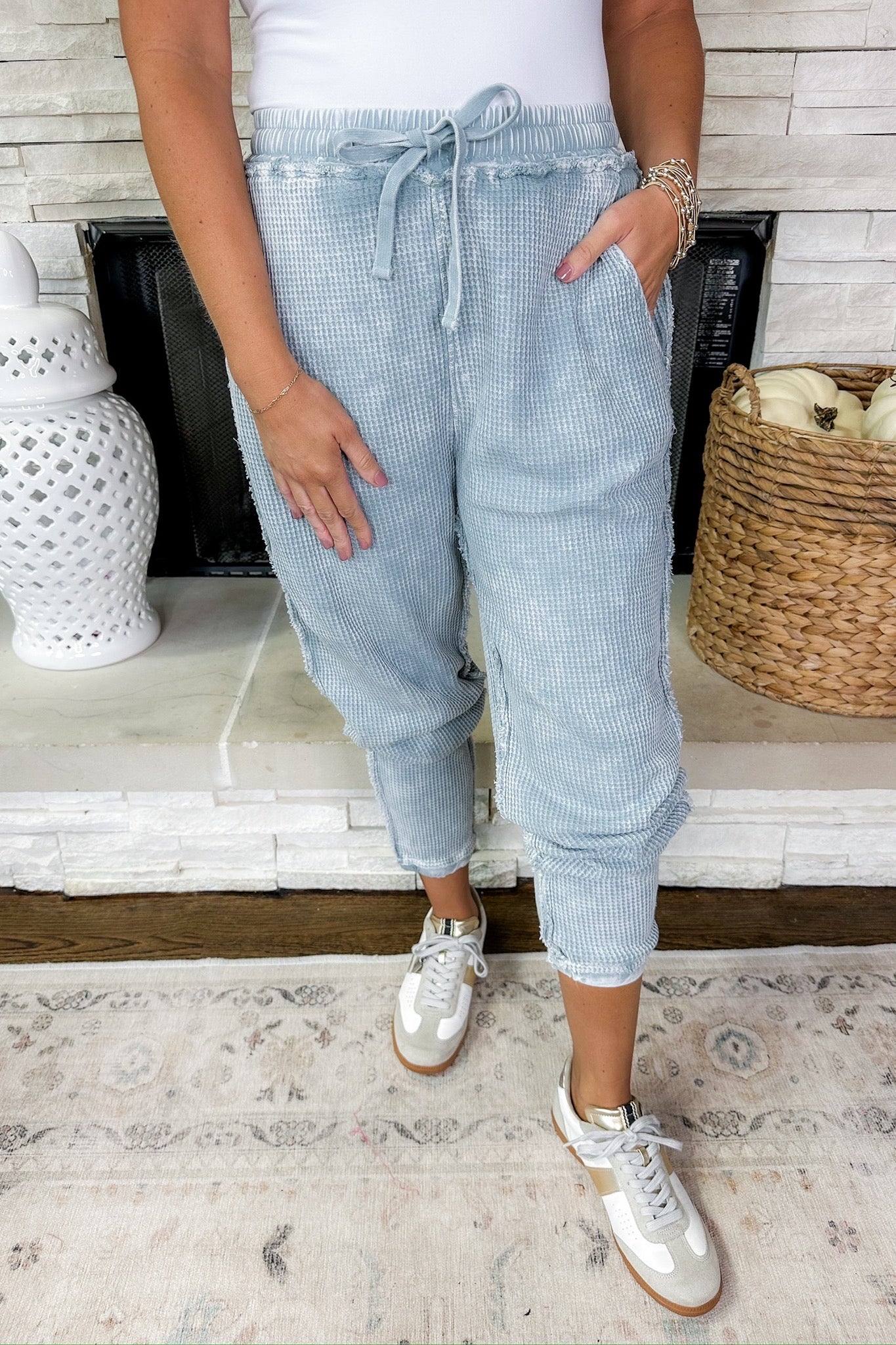 Waffle Knit Exposed Seam Drawstring Waist Joggers in Ice Blue