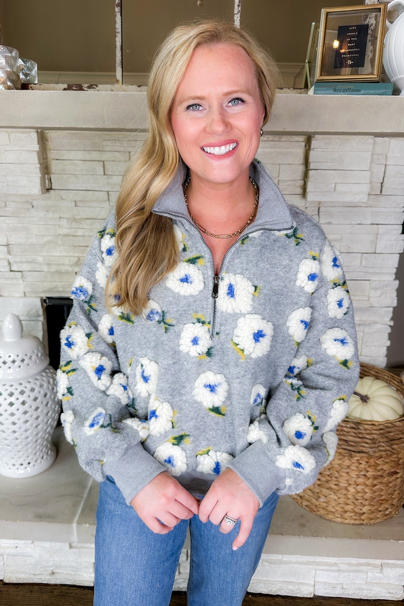 Faux Wool Half Zip Sherpa Flower Grey Pullover