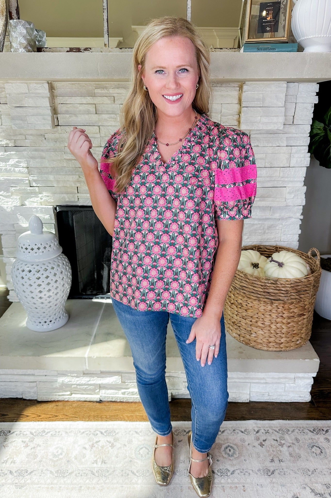 V Neck Mirrored Floral Pink Eyelet Striped Sleeve Top