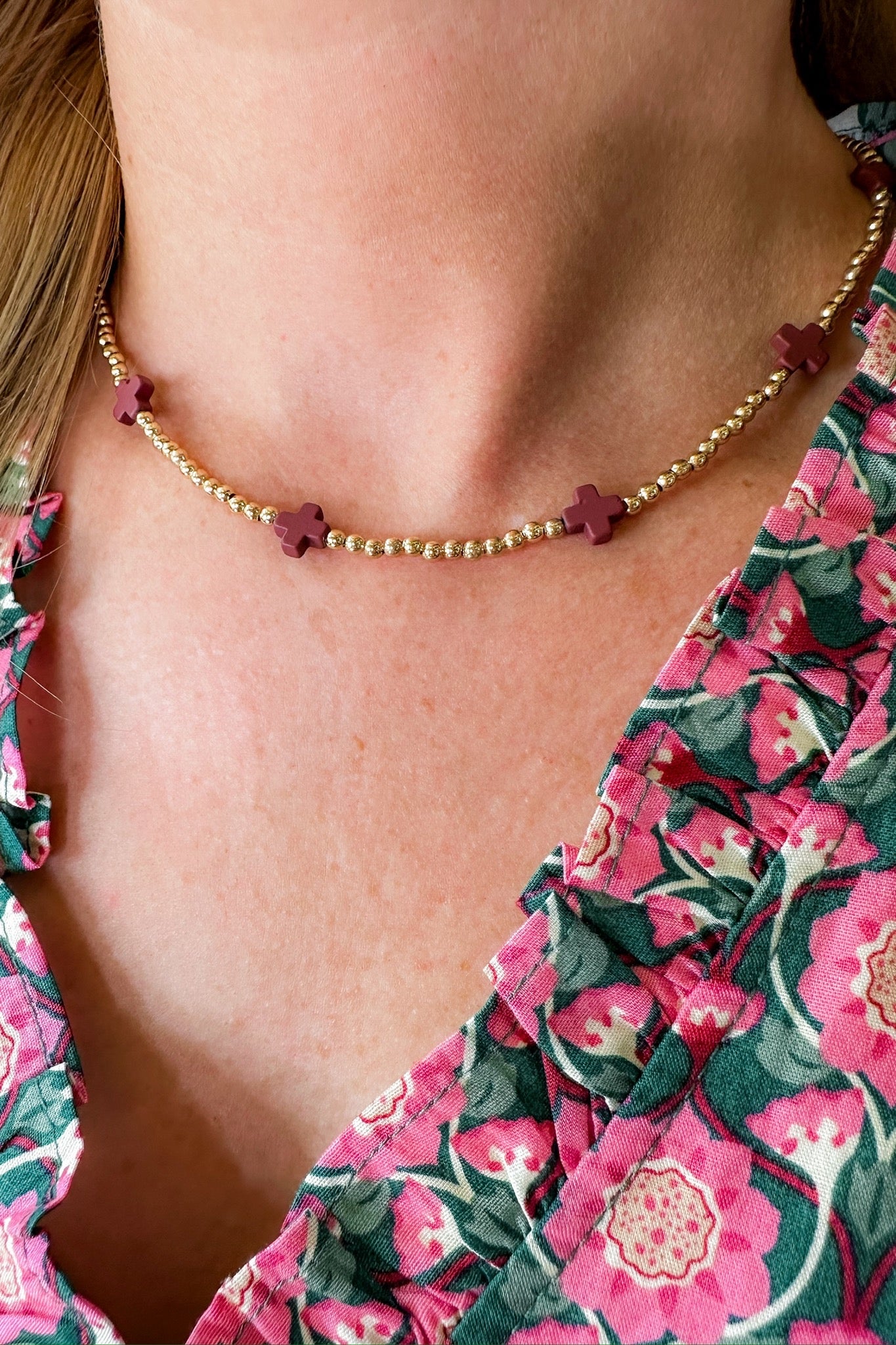 Maroon Cross Gold Beaded Necklace