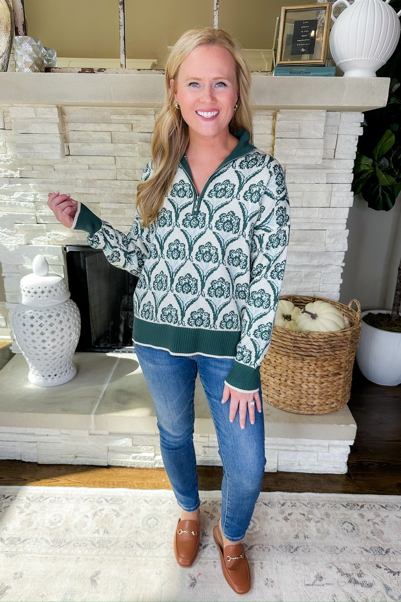 Hunter Green Mirrored Floral Zip Up Knit Pullover