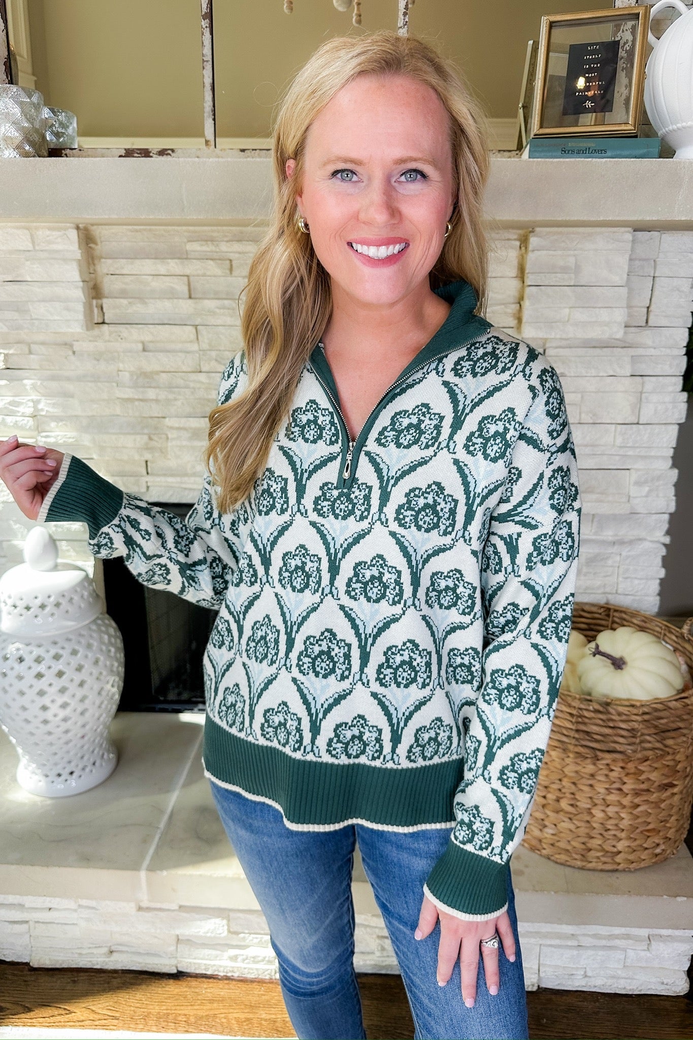 Hunter Green Mirrored Floral Zip Up Knit Pullover