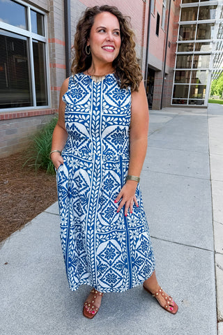 Santorini Garden Midi Dress in Navy