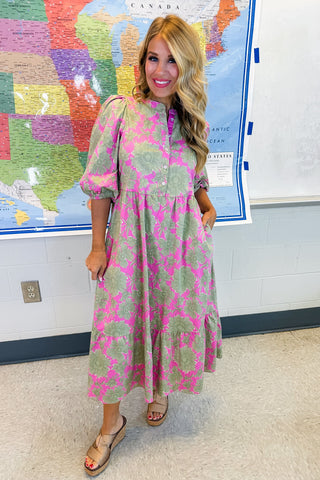 The Riley Midi Dress in Garden District Green by Mary Square