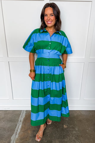 Vanessa Green/Blue Stripe Pleated Midi Dress Jules & James Boutique Vanessa Green/Blue Stripe Pleated Midi Dress Jules & James Boutique
