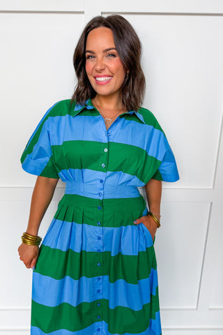 Vanessa Green/Blue Stripe Pleated Midi Dress Vanessa Green/Blue Stripe Pleated Midi Dress