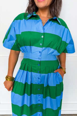 Vanessa Green/Blue Stripe Pleated Midi Dress