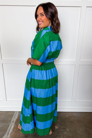 Vanessa Green/Blue Stripe Pleated Midi Dress