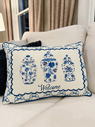 Blue Chinoiserie Vase Welcome Throw Pillow