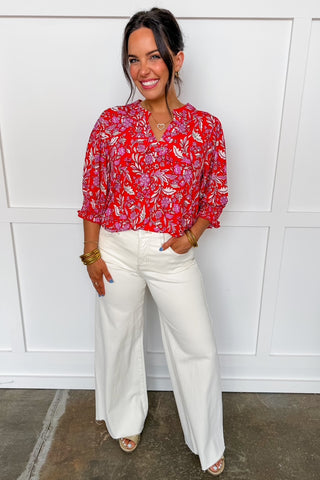 The Lizzy Smocked Short Sleeve Top in Red Floral