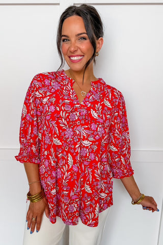 The Lizzy Smocked Short Sleeve Top in Red Floral