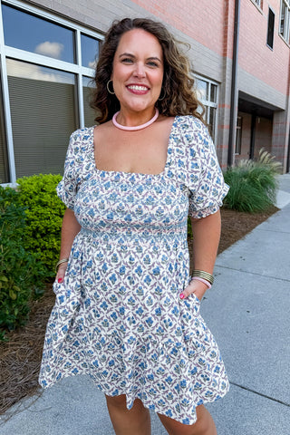 The Jenni Dress in Lattice Crest Blue by Mary Square