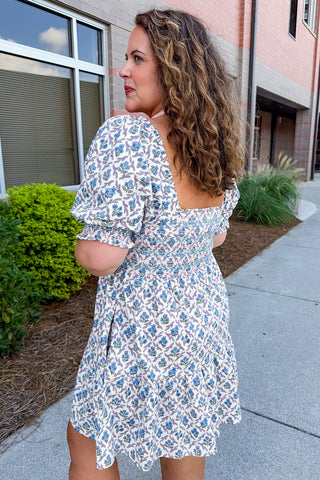 The Jenni Dress in Lattice Crest Blue by Mary Square