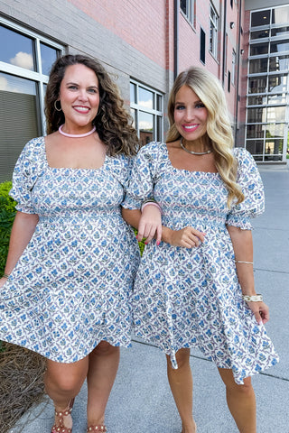 The Jenni Dress in Lattice Crest Blue by Mary Square