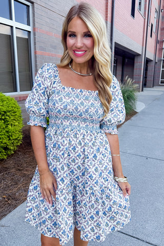 The Jenni Dress in Lattice Crest Blue by Mary Square