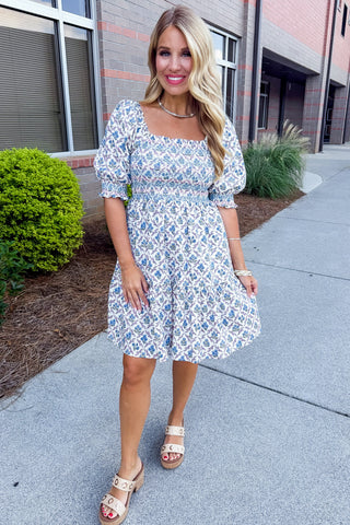 The Jenni Dress in Lattice Crest Blue by Mary Square