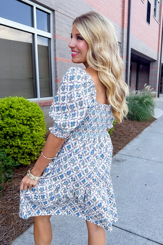 The Jenni Dress in Lattice Crest Blue by Mary Square