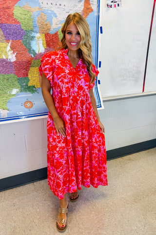 Bold Bloom Red & Pink Floral Midi Dress