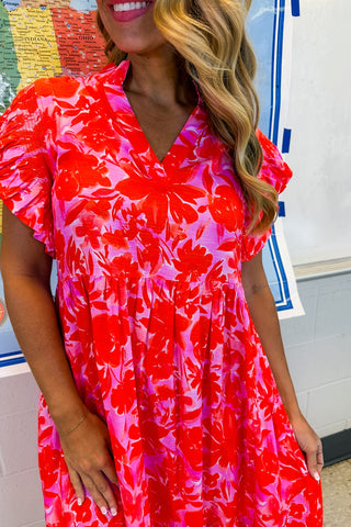 Bold Bloom Red & Pink Floral Midi Dress