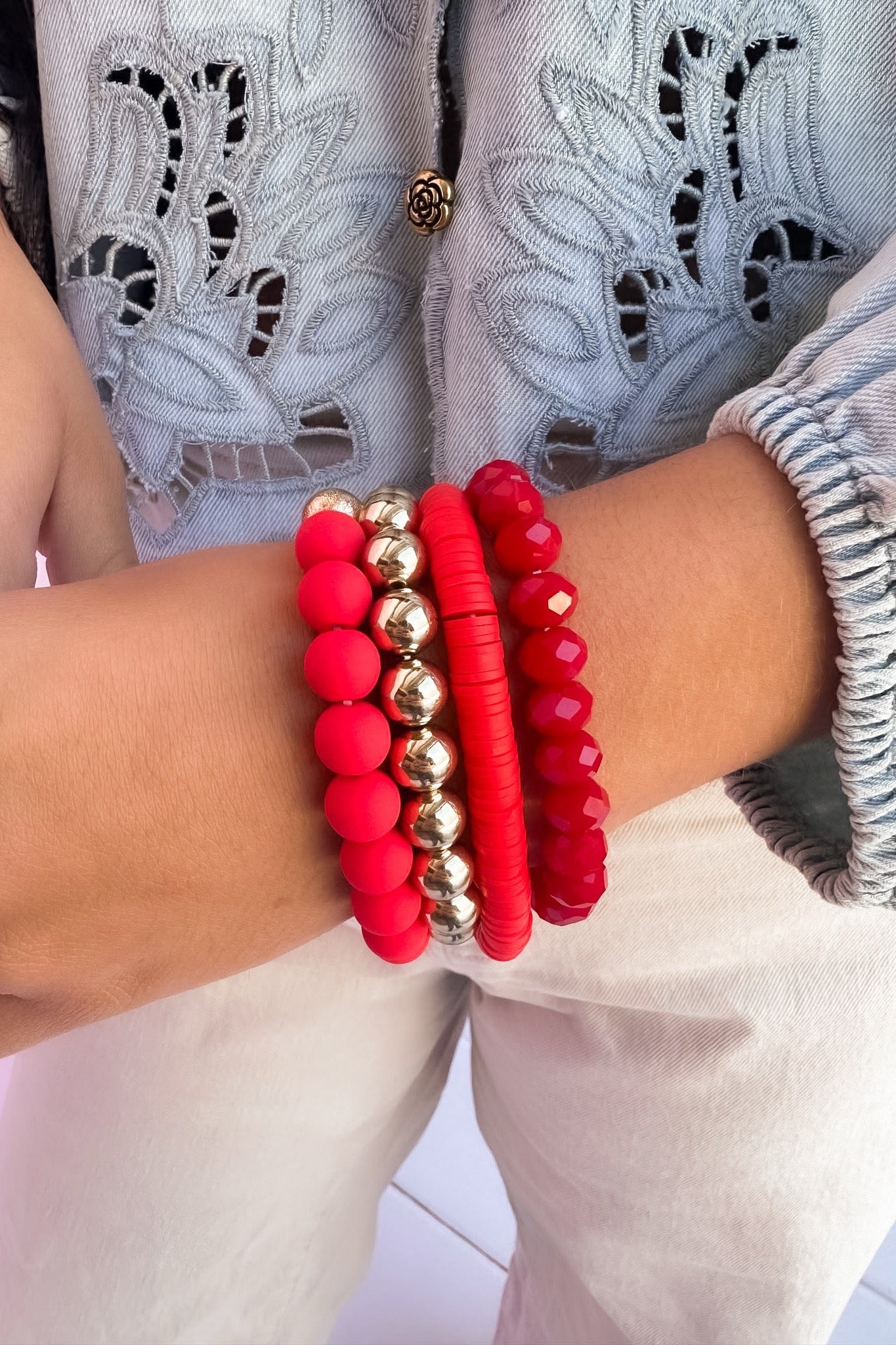 Mixed Textured Red & Gold Bracelet Stack