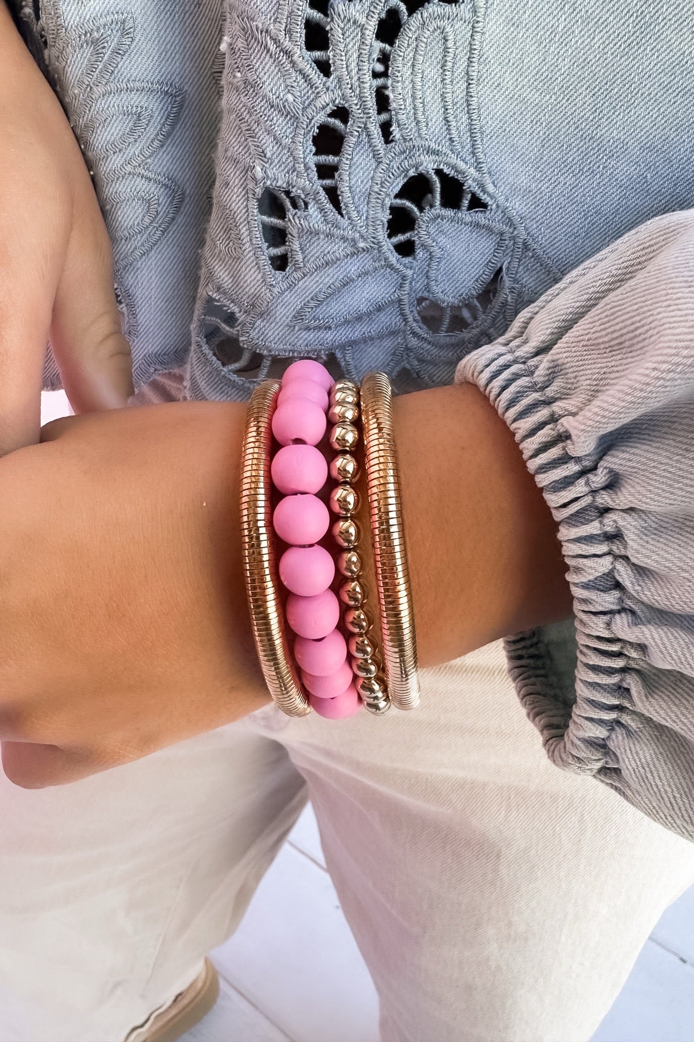 Gold Stretchy Bangle & Pink Wood Beaded Bracelet Stack