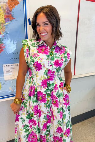 The Amy Button Down Midi Dress in Cream Floral Keepsake