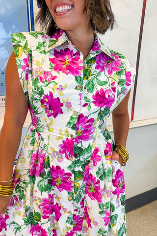 The Amy Button Down Midi Dress in Cream Floral Keepsake