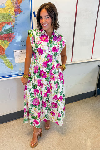 The Amy Button Down Midi Dress in Cream Floral Keepsake