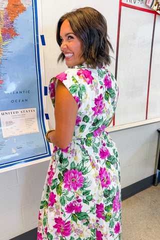 The Amy Button Down Midi Dress in Cream Floral Keepsake