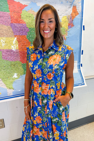 The Amy Button Down Midi Dress in Blue Floral Keepsake