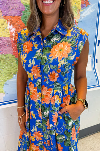 The Amy Button Down Midi Dress in Blue Floral Keepsake