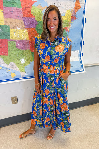 The Amy Button Down Midi Dress in Blue Floral Keepsake