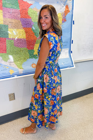 The Amy Button Down Midi Dress in Blue Floral Keepsake