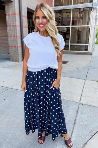 Polka Dot Two-way Midi Dress + Sweater Set in White & Navy