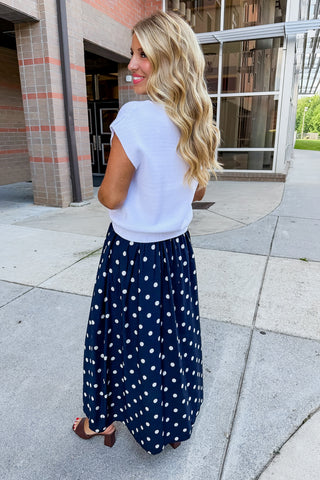 Polka Dot Two-way Midi Dress + Sweater Set in White & Navy