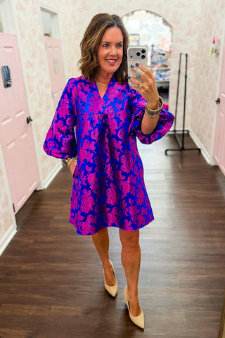 Blooming Bold Floral Dress in Royal Blue