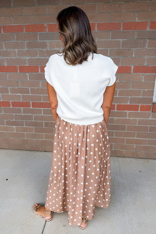 Polka Dot Two-way Midi Dress + Sweater Set in Cream & Tan