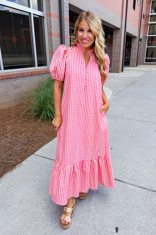 The Meredith Midi Dress in Pink & Yellow Gingham
