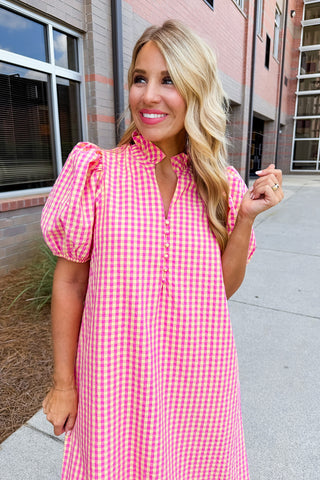 The Meredith Midi Dress in Pink & Yellow Gingham